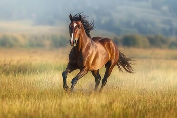 A group of wild horses runs swiftly across the expansive steppes at sunset. Their powerful strides kick up dust, highlighting their grace and strength in this expansive landscape