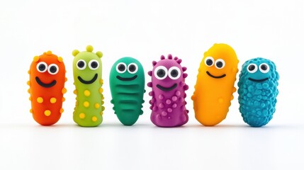 Fototapeta premium Cheerful and colorful friendly microbes with eyes and smiles in a playful arrangement on a bright background. Generative AI