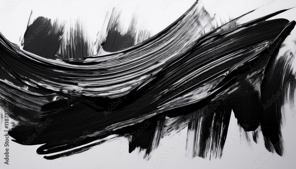 Poster dramatic black paint strokes creating abstract expression on white canvas, showcasing dynamic textur