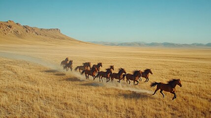 A group of wild horses races across expansive golden steppes, kicking up dust as they move rapidly. The clear blue sky above highlights their wild and untamed spirit
