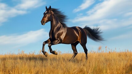 A herd of wild horses races freely across endless golden steppes, their manes flowing in the wind as they enjoy the open landscape under a clear blue sky
