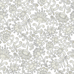 Swirl flowers, paisley floral pattern, grey and white colors. Seamless floral pattern-574.