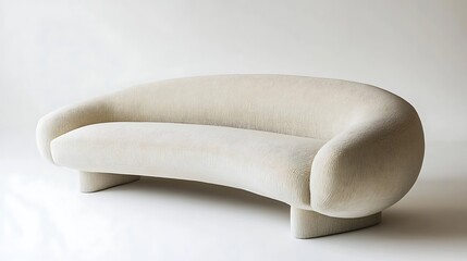 Modern sofa with a low, minimalist profile and soft, neutral-colored upholstery 