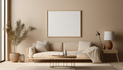 Fototapeta premium Stylish Beige Room Interior Enhanced by a Modern 3D Rendering of an Empty Picture Frame, Showcasing the Potential of a Minimalist Decor Theme