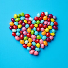 Obraz premium Colorful candies in the shape of heart on blue background.