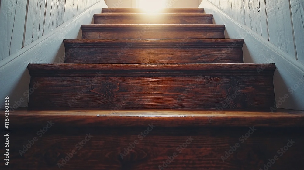 Wall mural Wooden stairs leading upwards to bright light.