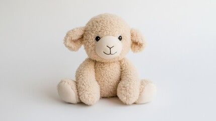 Plush lamb toy sitting, white background, studio shot, child's room decor