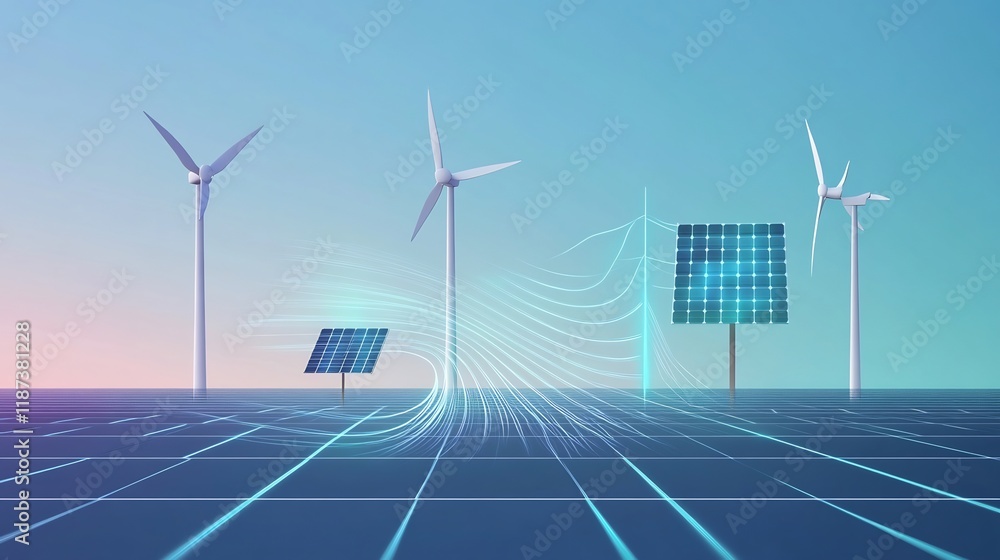 Poster artistic visualization of renewable energy adoption featuring stylized wind turbine solar grids abst