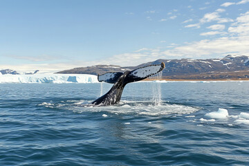 Fototapeta premium A whale dives off coast of Greenland, surrounded by icy waters, with a coastal landscape.