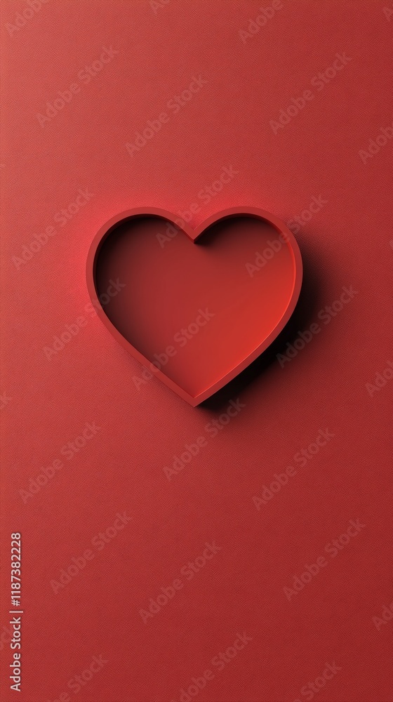 Poster minimalist depiction of love featuring a red heart shape emerging from a monochromatic red backgroun
