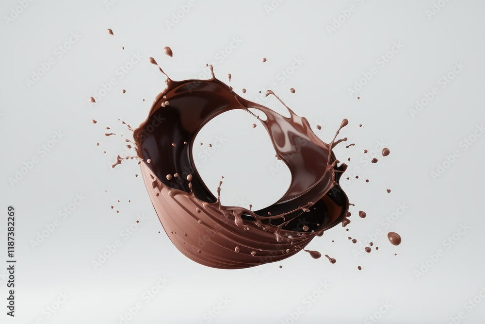 Poster a mesmerizing circular splash of rich, dark chocolate, showcasing its fluidity and texture.