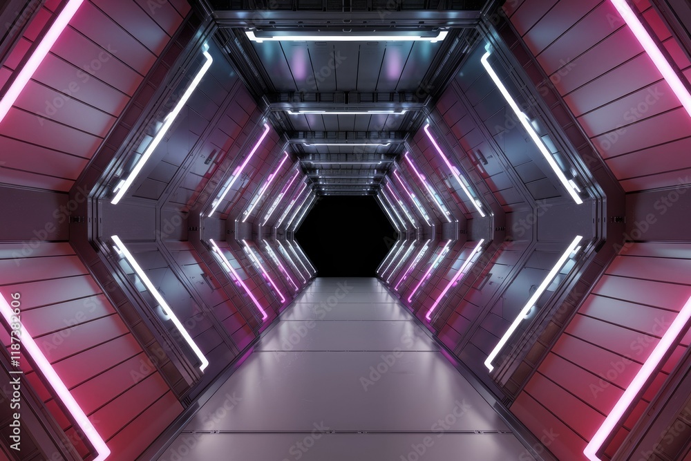 Poster futuristic hexagon corridor with pink and white neon lights, creating a vibrant and sleek atmosphere