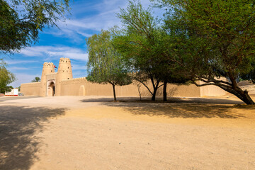 The 19th century Al Jahili Fort established near the Al-Jahili Oasis to protect date palm farmers, in Al Ain, Abu Dhabi, United Arab Emirates	