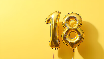 18th birthday, coming of age party. Number shaped balloons on orange background, space for text