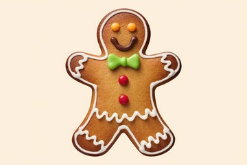 A cheerful gingerbread man cookie, decorated with icing and candy, perfect for Christmas.