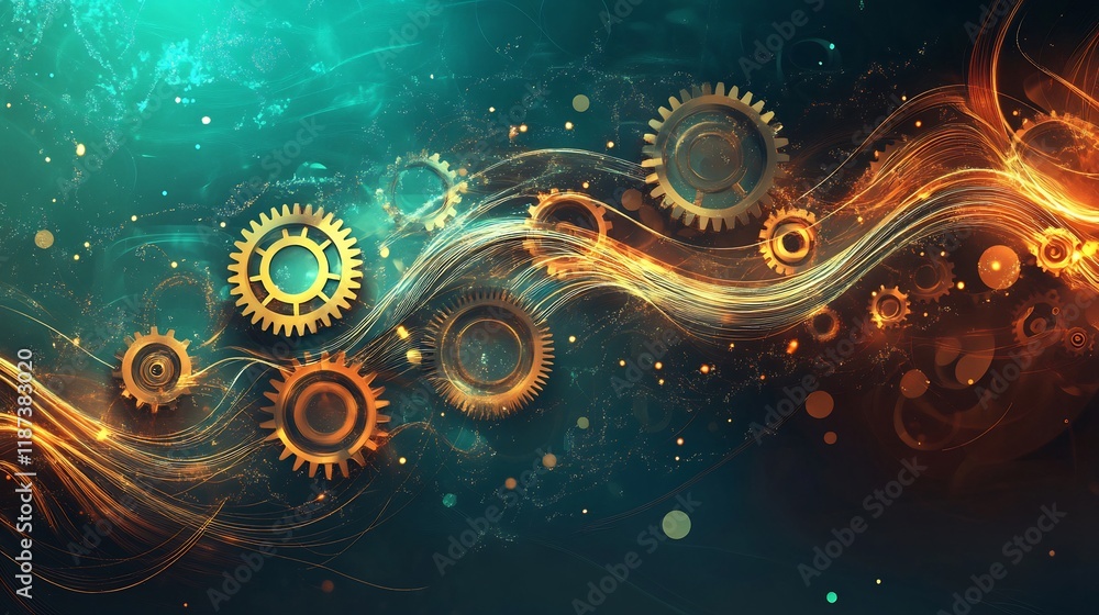 Poster Artistic visualization of production theory symbolic gears flowing lines representing efficiency and output