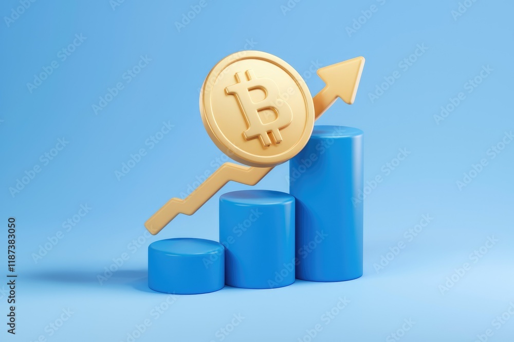 Poster Bitcoin price rising steadily, shown on a graph with a golden Bitcoin coin at the peak.