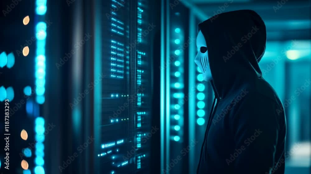 Poster hooded hacker in corporate data center. rows of rack servers. ai training cluster. cloud data storag