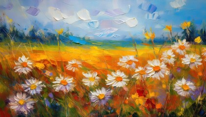 Fototapeta premium Impressionistic Oil Painting Indian Summer Field Transformed into a Blurred Dreamscape of Daisies, Evoking a Sense of Peace and Tranquility