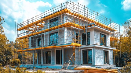 Obraz premium Modern house under construction with scaffolding.