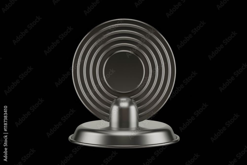 Poster abstract metallic sculpture with concentric circles and a central dome, minimalist design.