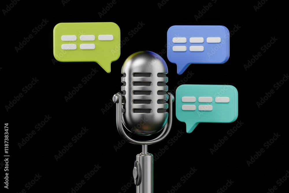 Poster retro microphone surrounded by speech bubbles, symbolizing podcasting or communication.