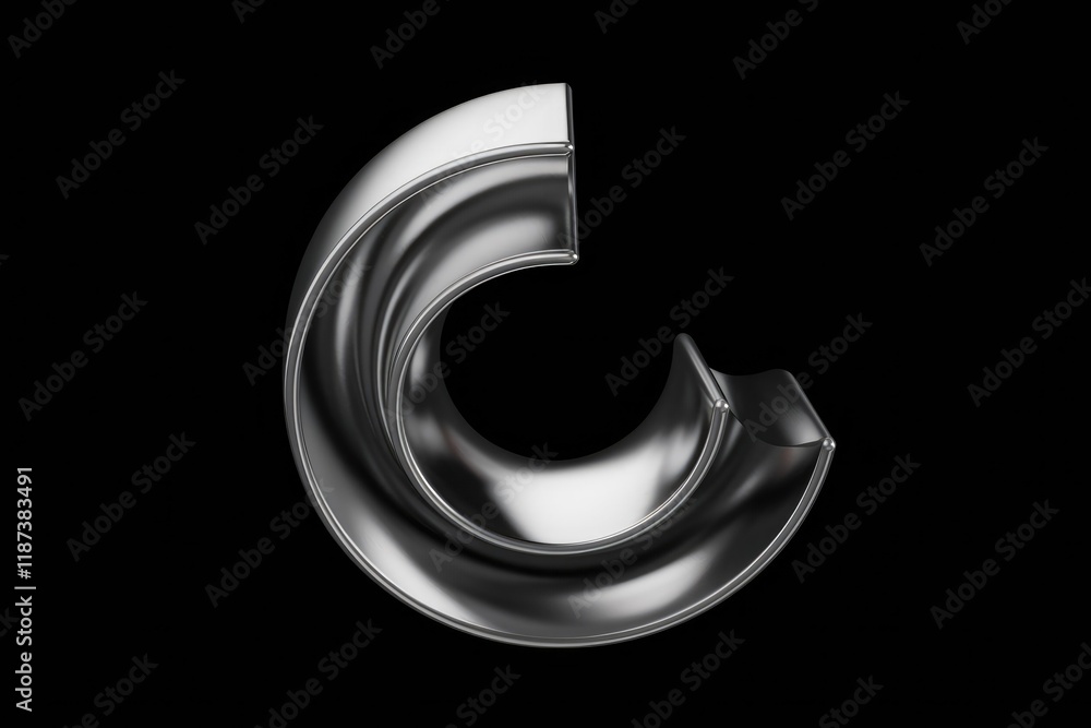Poster abstract 3d rendering of a metallic, swirling, c-shaped form against a transparent background.