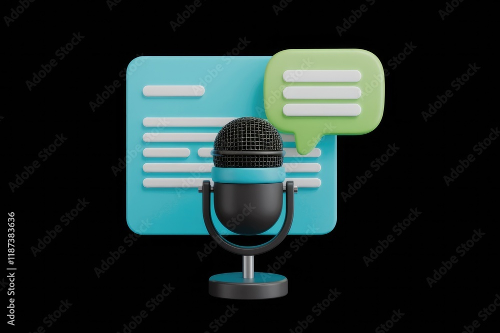 Poster Podcast microphone with text and speech bubble; representing audio content creation.