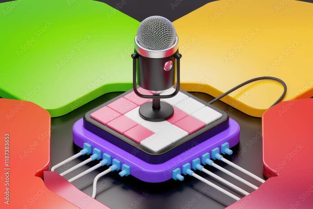 Poster a microphone rests atop a colorful, connected tech device, symbolizing podcasting and digital audio.