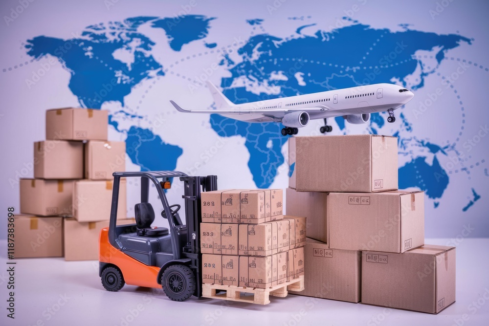 Poster global logistics concept showcasing a forklift loading cargo onto a pallet, with a plane and world m