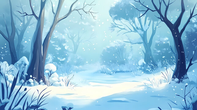 Snowy landscape with frozen trees in a blizzard, snowstorm, blustery conditions, snowy forest views. Snowbound. Illustration