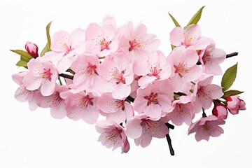 Obraz premium Beautiful cherry blossom branch with delicate pink flowers and green leaves against a white background