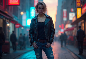 Fototapeta premium Young Woman in a Leather Jacket Ripped Jeans and Boots Standing on a City Street at Night Urban Fashion
