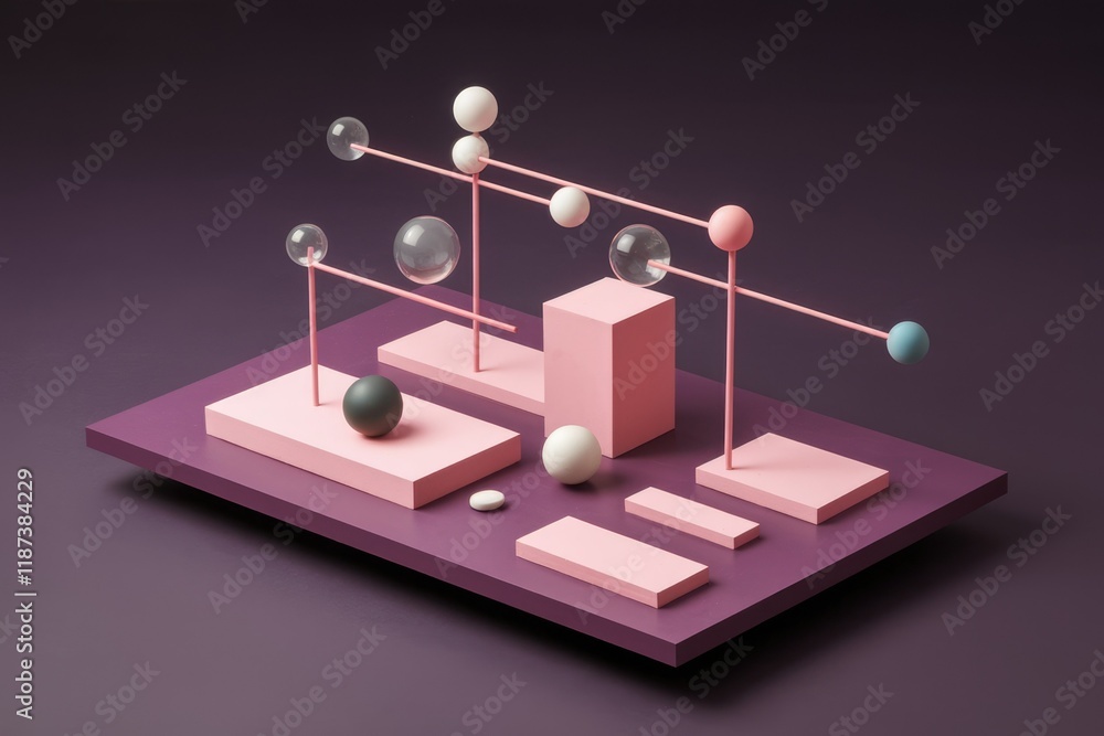 Poster abstract 3d rendering of geometric shapes and spheres in pink and purple.