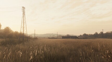 Misty sunrise over a field with power lines and a building in the distance.