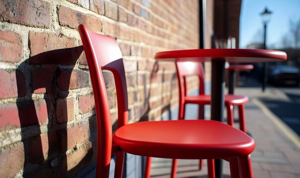 Red chairs, cafe table, brick wall, sunny street, outdoor seating - Powered by Adobe