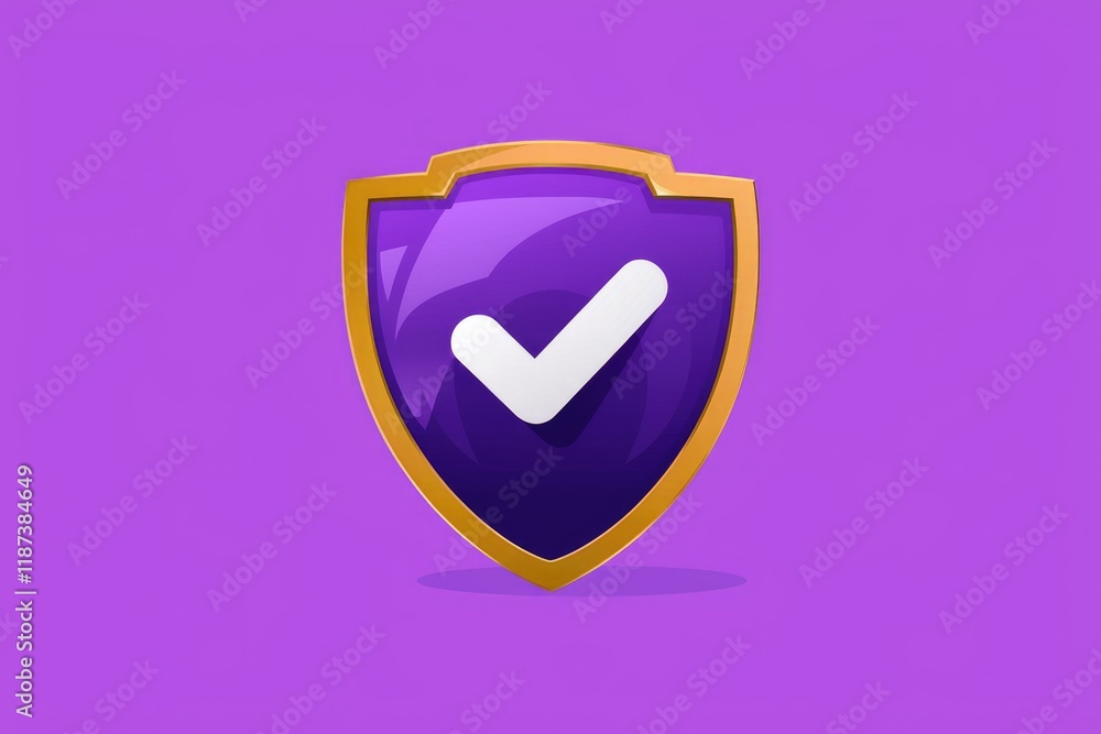 Poster purple shield with a white checkmark, symbolizing security and protection.
