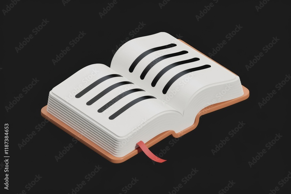 Poster a 3d model of an open book with black lines simulating text on a dark background.