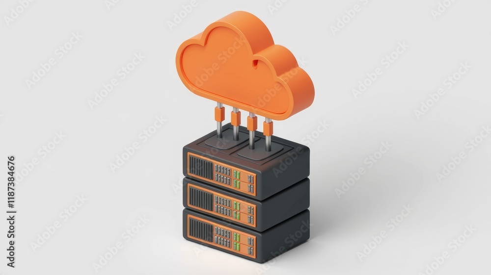 Poster Cloud computing infrastructure: An orange cloud icon connected to a stack of dark gray servers symbolizing data storage and processing.