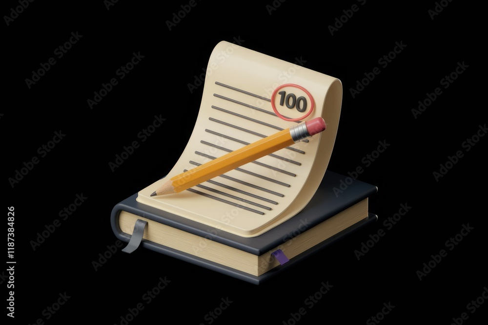 Poster a notebook with a perfect score of 100, a pencil rests on the open pages, signifying achievement and