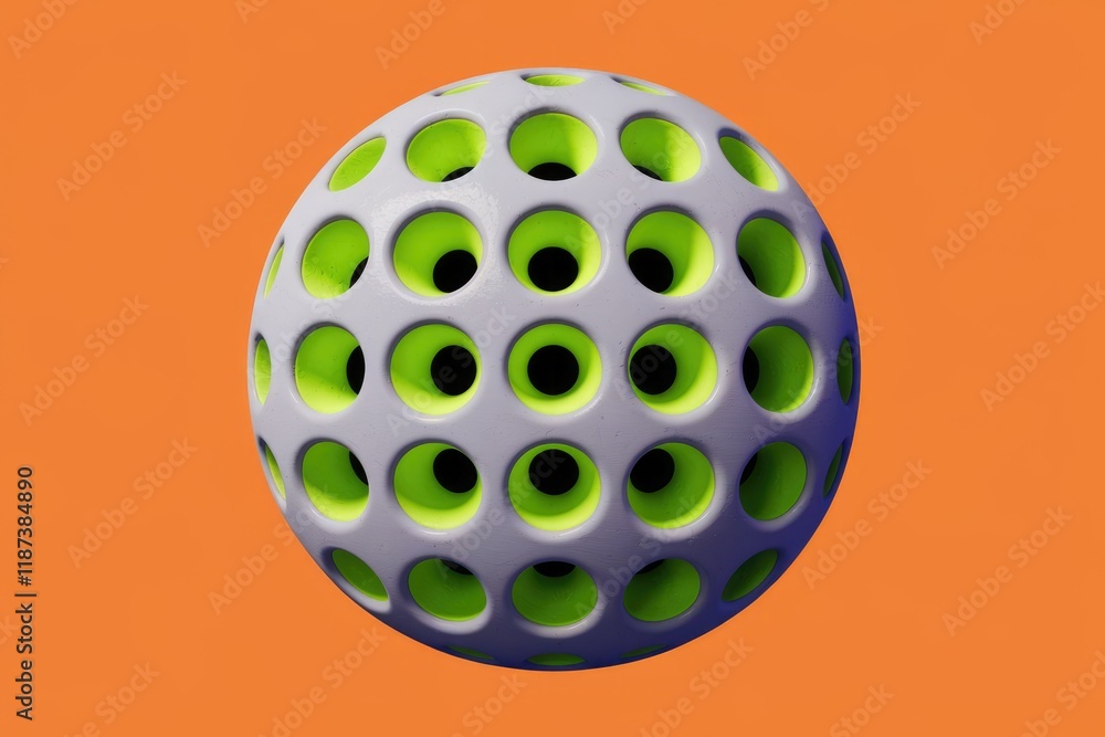 Poster a 3d rendered sphere with numerous evenly spaced circular holes, featuring a gray body and bright li