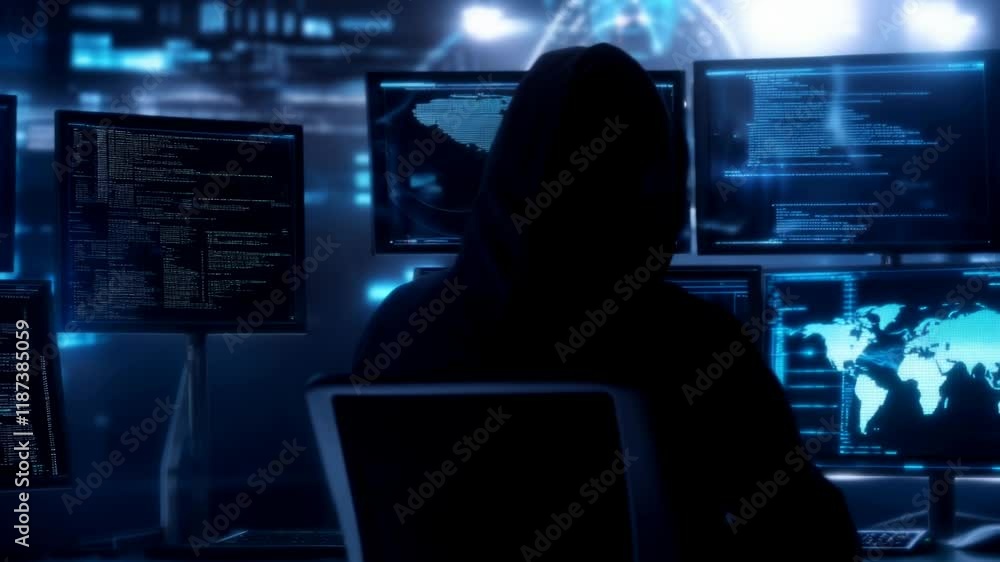 Poster Hooded hacker working on computer. Dark operating room with multiple monitors. Cybercrime, attack and cyberattack concept. Cybersecurity, data protection. Global network