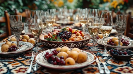 Outdoor feast with fruits, wine, patterned tablecloth, blurred garden background.