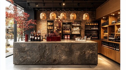Modern wine shop interior with stone counter, wooden shelves, and pendant lights.