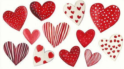   A batch of crimson and ivory hearts are placed against a snowy backdrop with red and ivory polka dots adorning the hearts