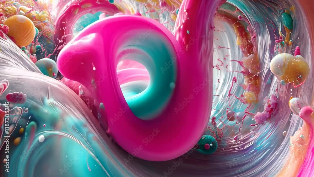 Poster colorful abstract swirl of vibrant pink and turquoise shapes in a dynamic and fluid composition show