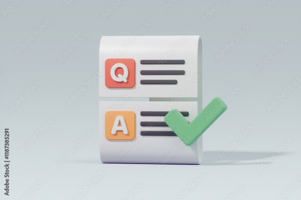 Poster 3D rendering of a Q&A form with a checkmark, signifying a correct answer.