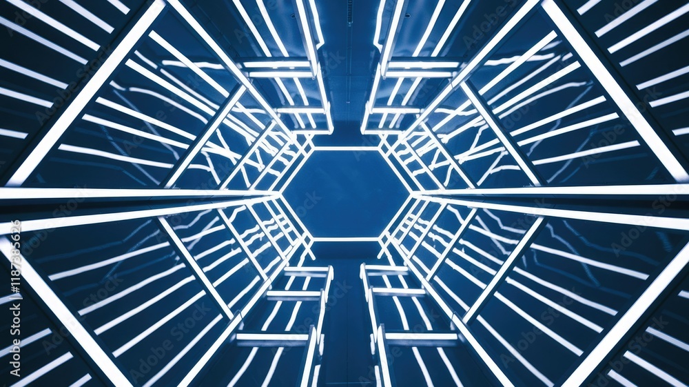 Poster Abstract hexagonal tunnel with bright blue neon lights creating a futuristic and symmetrical pattern.