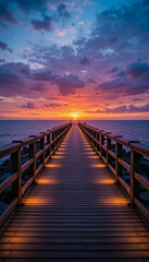 Fototapeta premium Scenic Wooden Pier Path Illuminated by Warm Glow of LED Lights, Offering a Panoramic View of a Tranquil Ocean at Sunset