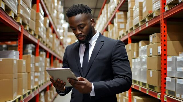 notion of procurement supply delivery. A businessman in a suit examines logistics information on a tablet.
